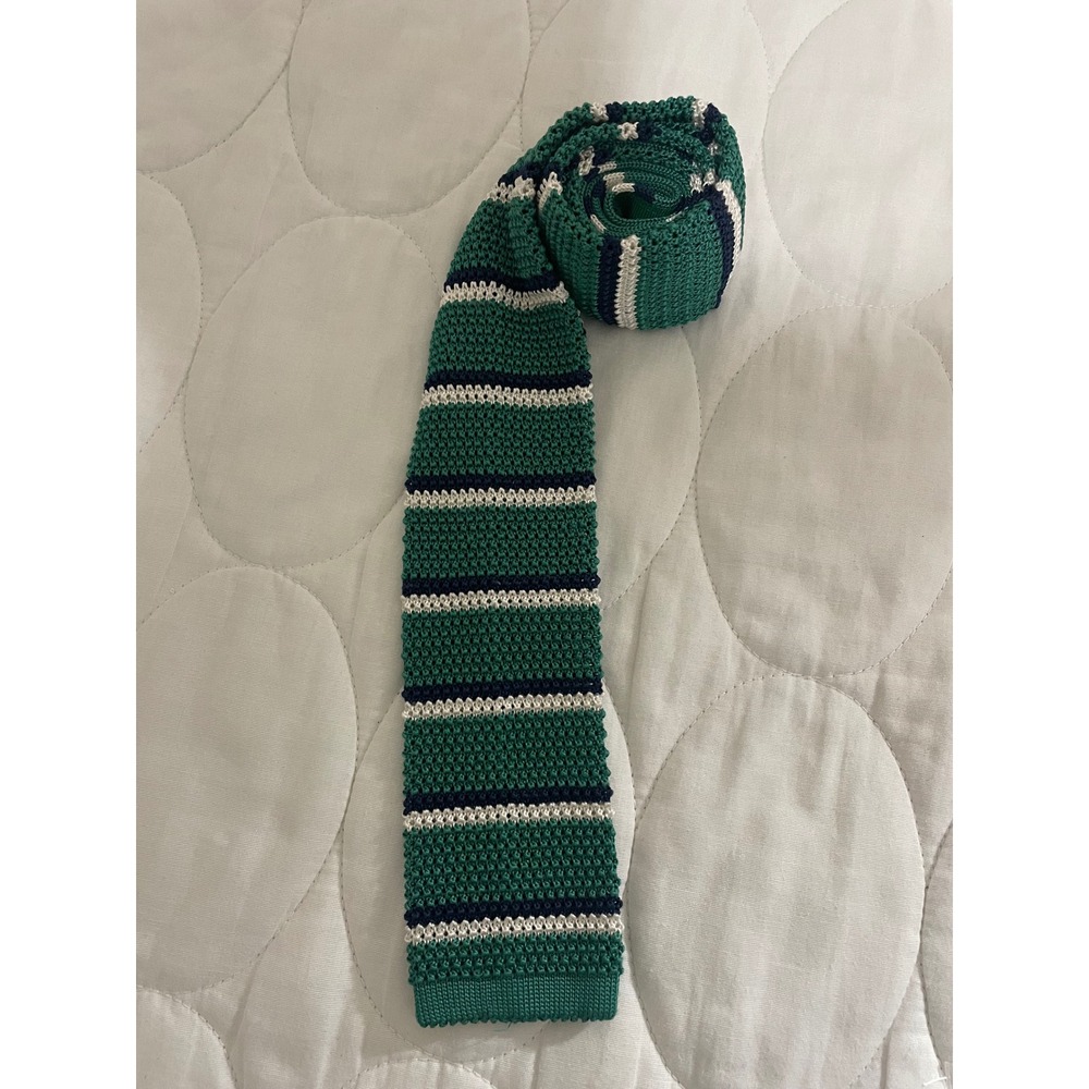 Robert Jensen Mens Silk Knit Tie Green Navy White Striped Square End Italy